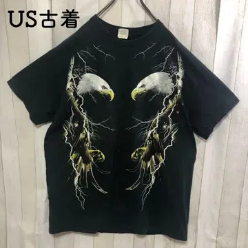 US 구제 티셔츠 블랙 동물 번개 썬더 독수리 이글 새