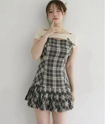 andmary Karen 체크 미니 드레스 베이지