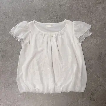 s2937 로디스포토 반팔 셔츠 비쥬 장식 소매 레이스 쉬폰 화이트