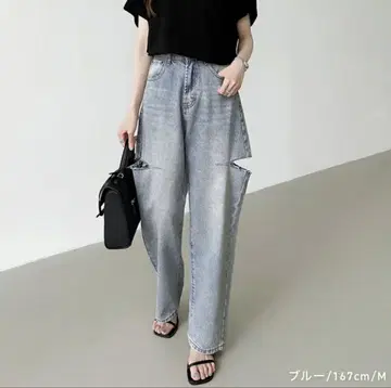 하이 웨스트 와이드 실루엣 사이드 컷 데님 팬츠 L