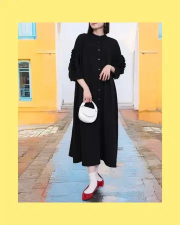 미사용 새상품! 7부 소매 프릴 장식 넉넉한 롱 기장 원피스