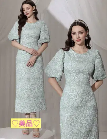 새상품급 Modelyn 플레인 컬러 자카드 퍼프 슬리브 롱 드레스
