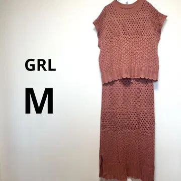 그레일 GRL M 핑크 시스루 니트 셋업 브라운 밴딩