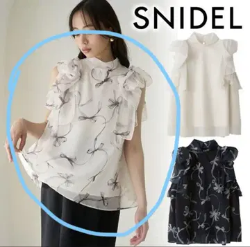 SNIDEL 리본 슬리브 오간자 시스루 블라우스