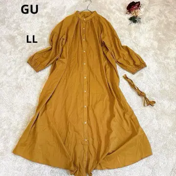지유] 새상품급 GU 셔츠 원피스 롱 기장 허리 리본 겨자색 LL