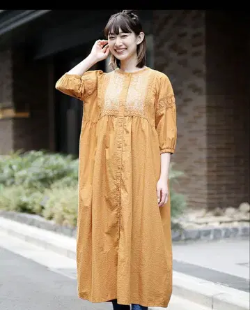 미사용 새상품 티티카카 인도 면 자수 원피스 카멜 Free size