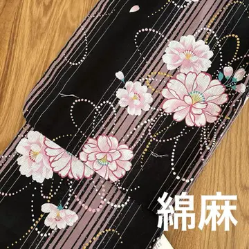 유카타 새상품 여성용 면 린넨 블랙 꽃무늬