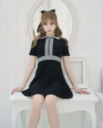 미셸 마카롱 깅엄 체크 플레어 니트 원피스