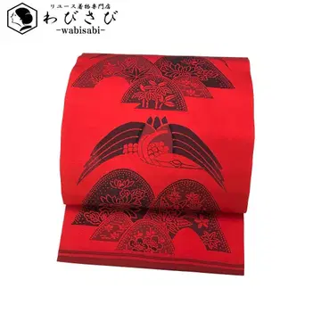 나고야 오비 시오제 카타조메 학 꽃풀 문양 진사색 O-5132