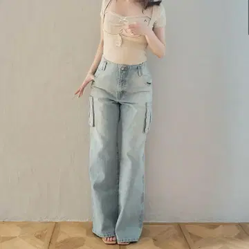 Back ribbon denim cargo pants xs