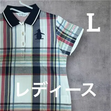 먼싱웨어 체크 무늬 폴로 셔츠 펭귄 로고 여성용 골프 [L]