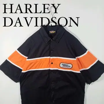 HARLEY DAVIDSON 반팔 워크 셔츠 블랙 오렌지 버튼 다운