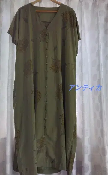 안티카/올리브 그린 꽃무늬 V 넥 반팔 원피스/F