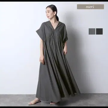 meri 미리 허리 셔링 V넥 원피스 그레이