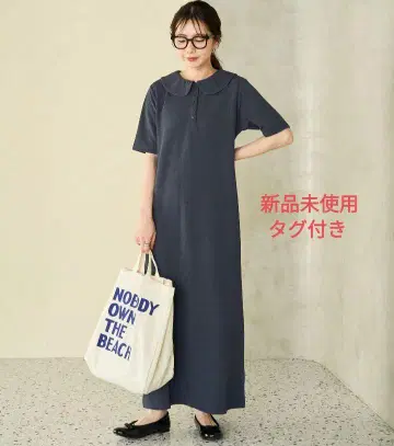 [미사용 새상품] 엠보 자카드 폴로 옷깃 반팔 원피스 네이비