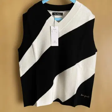 안코키누 배색 인터샤 V 넥 슬리브리스 니트 블랙 화이트 L