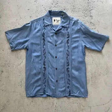Vintage Silk 쿠바 셔츠 스카이블루 자수 반팔 아로하 셔츠