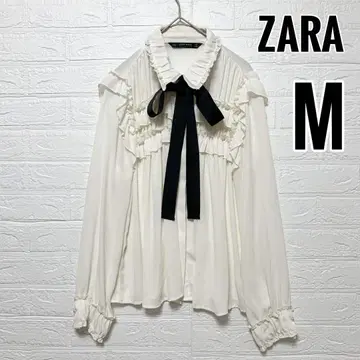 ZARA 블라우스 리본 프릴 펄 버튼 화이트 비침 긴팔 [ M ]