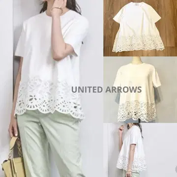 UNITED ARROWS 스캘럽 레이스 숏 슬리브 니트 레이스 화이트