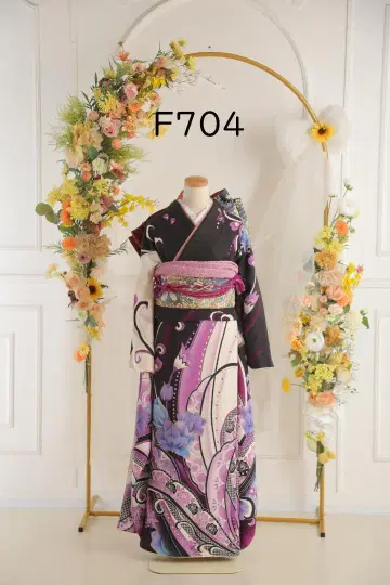 후리소데 세트 [F704] 보라색 화이트 꽃무늬