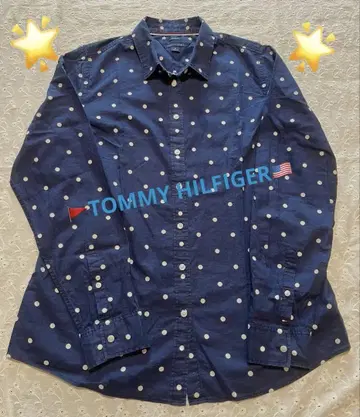 TOMMY HILFIGER 네이비 도트 무늬 긴팔 셔츠 M 코튼