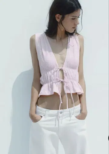 ZARA 깅엄 체크 패턴 리본 상의