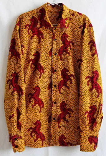 80s/아프리칸 바틱 리메이크 말 올 패턴 긴팔 셔츠/L/머스타드