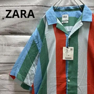 새상품 ZARA 멀티 컬러 스트라이프 패턴 오픈 카라 셔츠 레이온 린넨