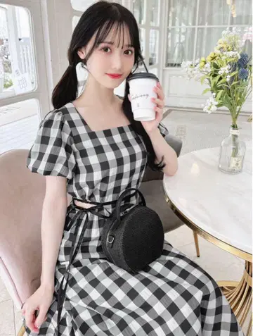미셸 마카롱 블록 체크 원피스