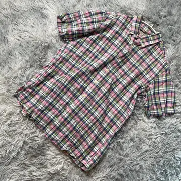 유니클로 남성용 린넨 블렌드 체크 셔츠 반팔 핑크 그린 사이즈 M