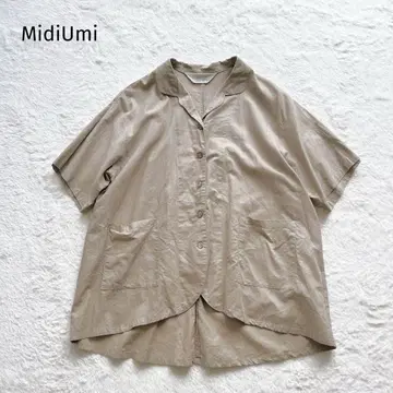 MidiUmi 코튼 린넨 린넨 반팔 셔츠 카멜 카라 부착 베이지