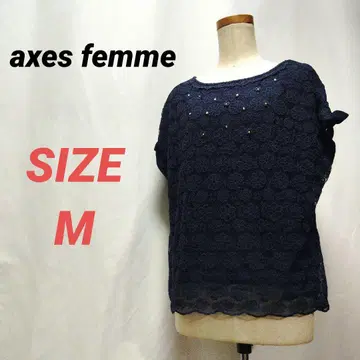 axes femme 엑시즈팜 블라우스 레이스 네이비 꽃무늬 자수 M