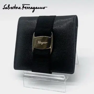 [컨디션 최상] Ferragamo 리자드 엠보 접이식 지갑 컴팩트 블랙