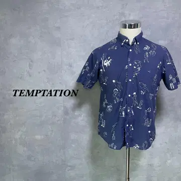 TEMPTATION 반팔 셔츠 올 패턴 프론트 버튼 네이비 L 4237