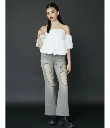 EVRIS 하이 데미지 세미 와이드 데님 팬츠