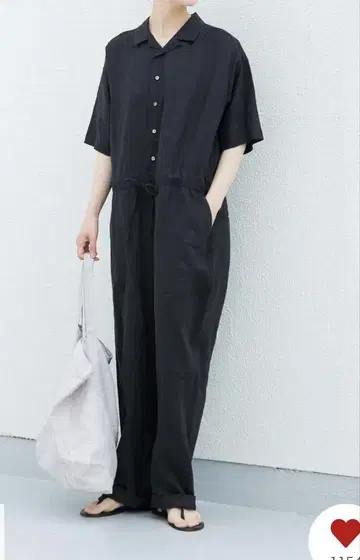 카구레 린넨 하프 슬리브 올인원 블랙
