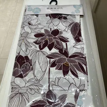면마 유카타 연꽃 패턴 화이트/보라색 새상품 미사용 치수 사진 표시
