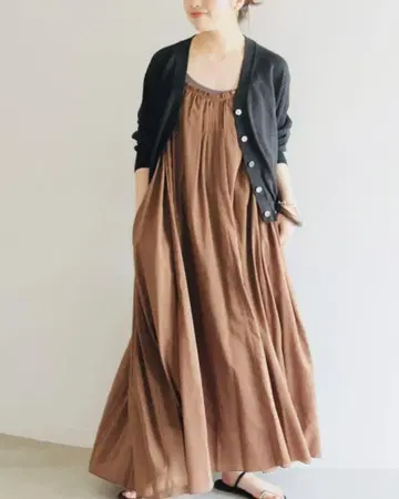SLOBE IENA 코튼 거즈 개더 원피스 브라운