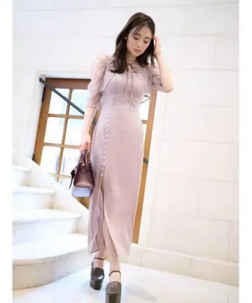 스나이델 레이스 볼레로 레이어드 타이트 슬릿 원피스 핑크 M 사이즈