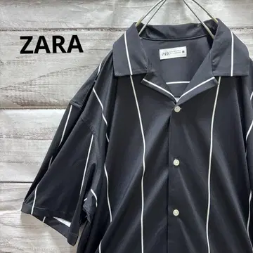 ZARA 스트라이프 패턴 오픈 카라 셔츠 스트레치 XL 화이트 블랙 심플