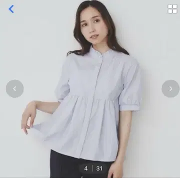 index 프릴 밴드 카라 페플럼 블라우스 펄 버튼