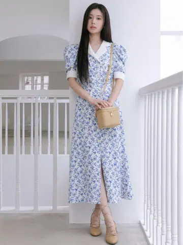 [새상품] 멀티 프린트 퍼프 슬리브 원피스 스나이델 snidel 블루