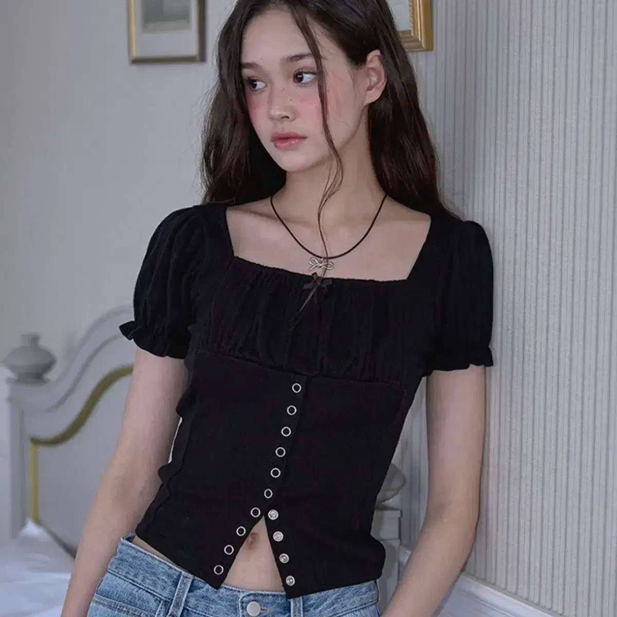 ◆Rose Frantz◆ Puff Shirring Ribbon Tshirt Cream Rosefrantz Puff Shirring Ribbon T-shirt #로제프란츠 on