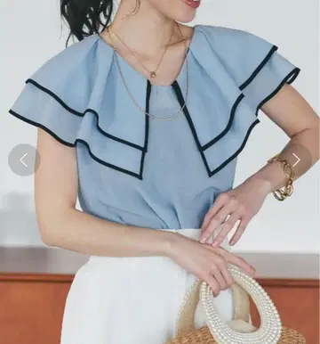 바이컬러 파이핑 빅 칼라 블라우스 블루