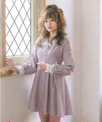 ROJITA 소매 리본 테일러드 원피스 하트 도트 양산형 지뢰계 핑크
