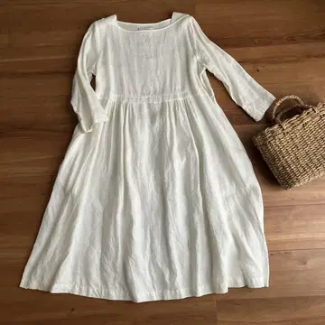 린넨 화이트 A라인 7부 소매 원피스