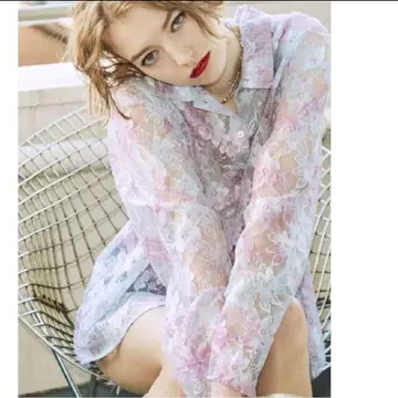 jouetie 쥬에티 꽃무늬 컬러 레이스 셔츠 시어 긴팔 핑크 M