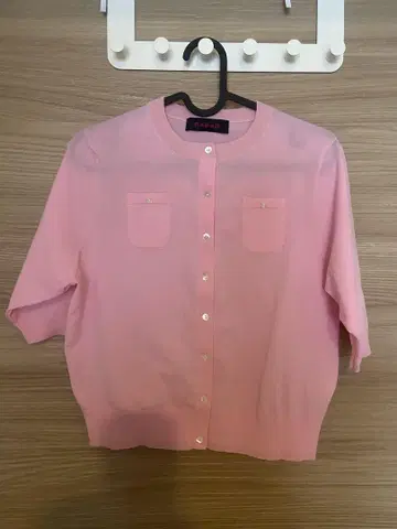 CABaN 파인 폴리에스터 하프 슬리브 포켓 가디건 핑크