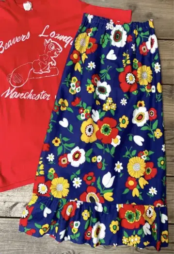 70s flower printed cotton long skirt