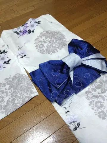 반폭 오비 리버서블 네이비 블루 실버 도트 리본 유카타 오비 소포장